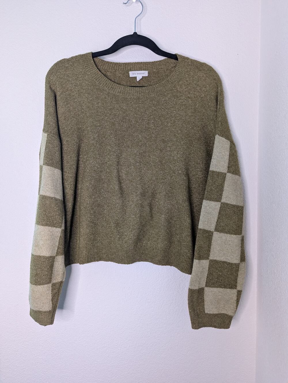 Blu Pepper Women's Checkerboard Cropped Sweater L Green Coquette Y2K Retro - Picture 1 of 3